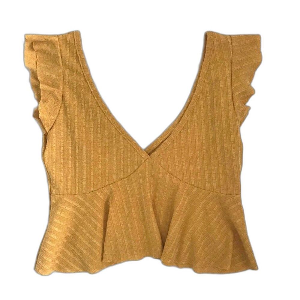 ZAFUL Crop Tank Top Babydoll Ruffle Sleeveless Size Small Gold Yellow Soft EUC